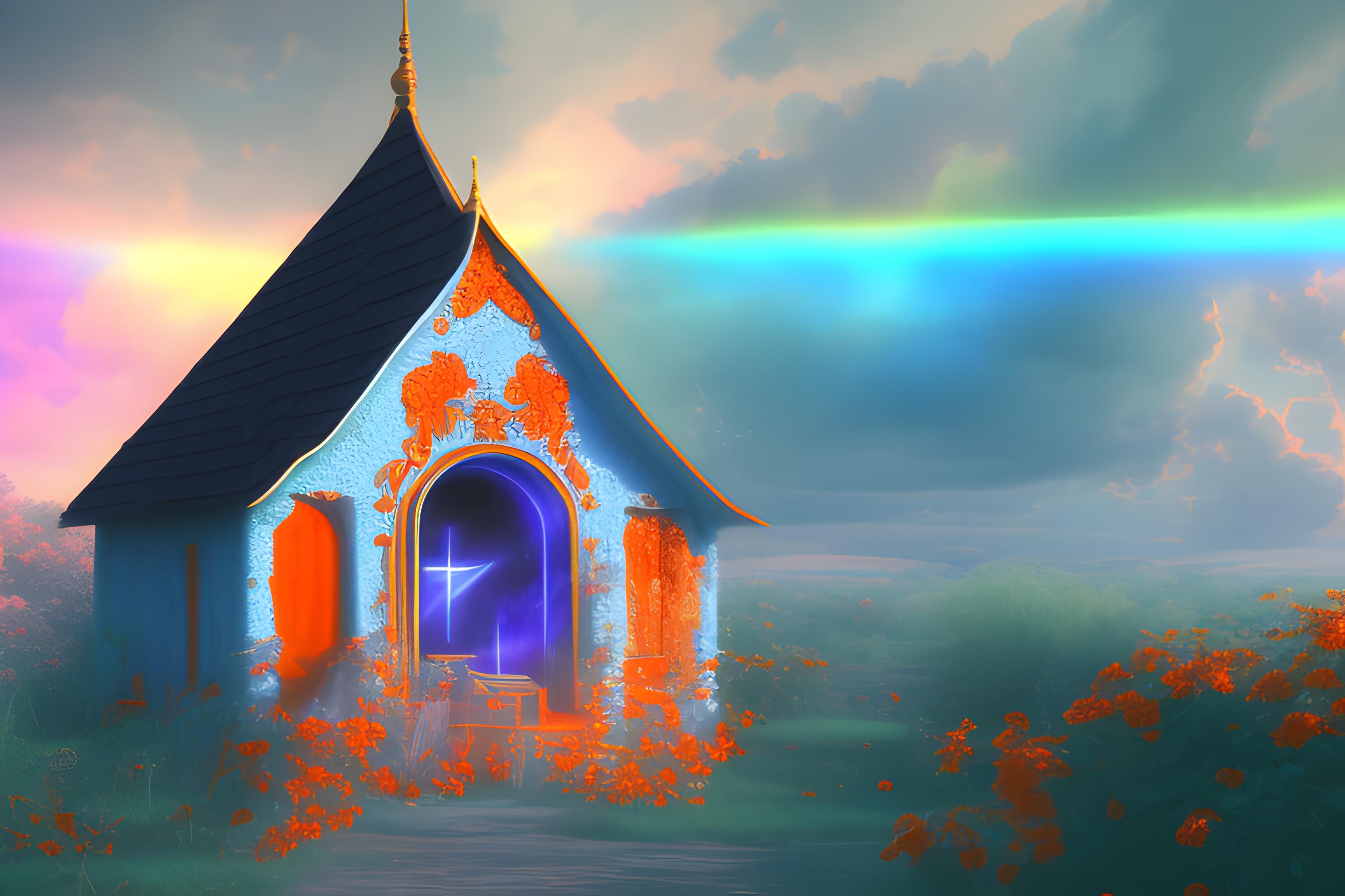 une maison recevant de la lumière genre grâce divine et arc en ciels et feux follets couleurs rose bleu blanc avec quelques colibris et un AUM sur la porte, couleurs de l'image globale rouge orange
